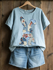 Frauen Kaninchen Patchwork Kunstdruck Casual Top