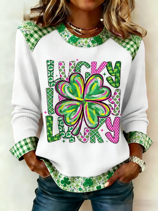 Damen St. Patrick's Day Lucky Shamrock Print Casual Waffel Sweatshirt