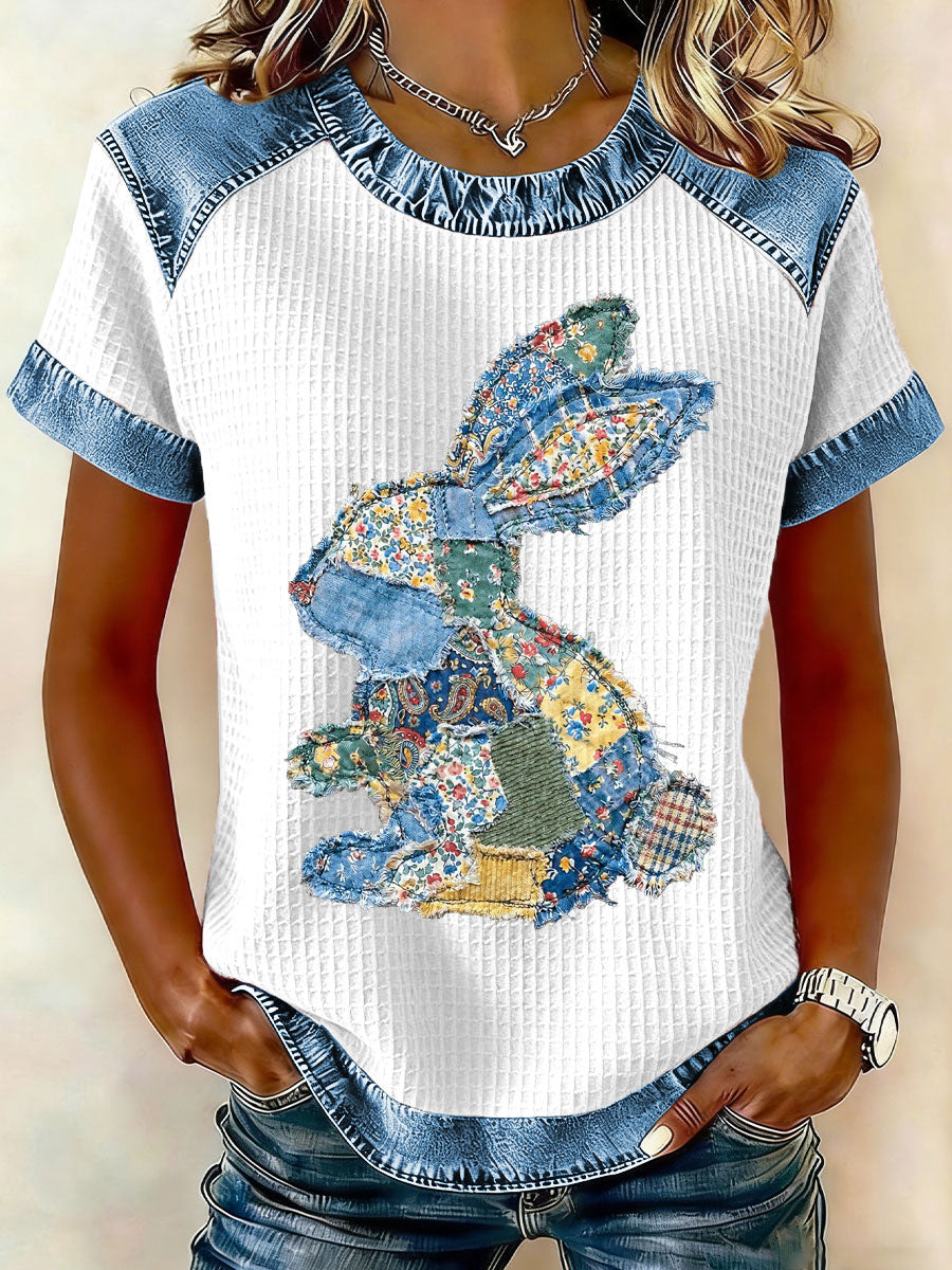 Frauen Kaninchen Patchwork Kunstdruck Casual T-Shirt