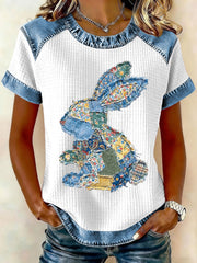 Frauen Kaninchen Patchwork Kunstdruck Casual T-Shirt