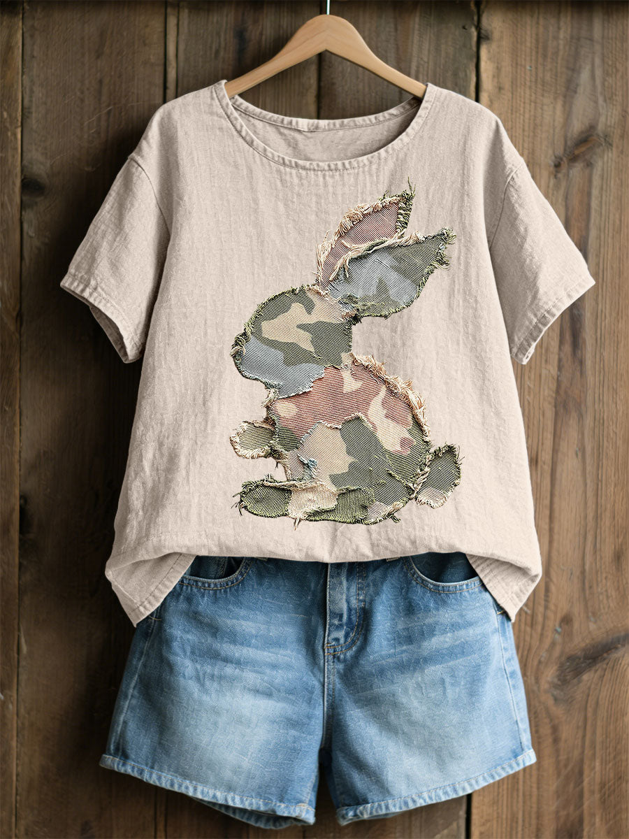 Frauen Kaninchen Patchwork Kunstdruck Casual Top