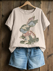 Frauen Kaninchen Patchwork Kunstdruck Casual Top