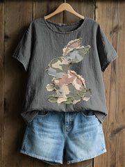 Frauen Kaninchen Patchwork Kunstdruck Casual Top