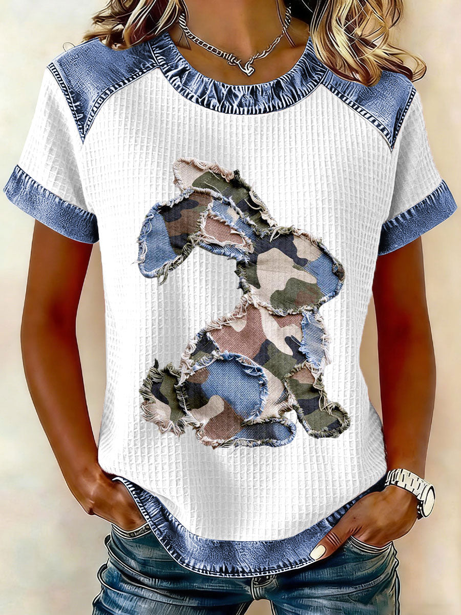 Frauen Kaninchen Patchwork Kunstdruck Casual T-Shirt