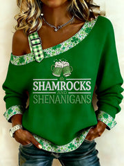 Lustige St. Patrick's Day Shamrocks und Shenan igans Green Beer Print Casual Waffel Off-Shoulder Top für Frauen