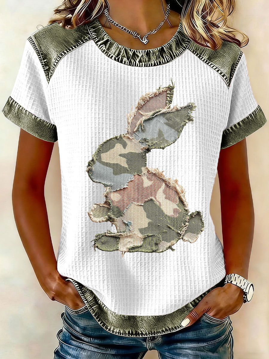 Frauen Kaninchen Patchwork Kunstdruck Casual T-Shirt