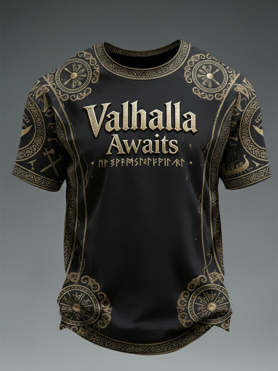 Herren-T-Shirt mit Wikinger-Print: Valhalla erwartet dich