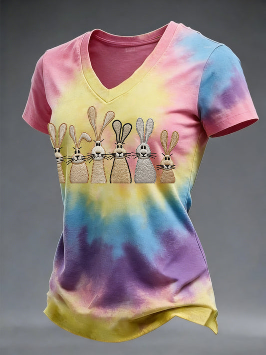 Niedliches Häschen-Farbstoff-Farbstoff-Druck für Damen-Ostern mit V-Ausschnitt