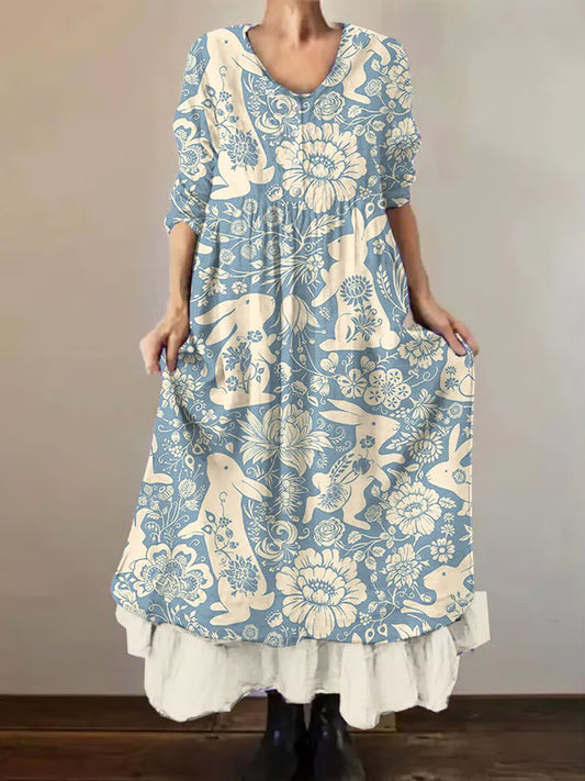 Damen Osterhase Blumen druck Doppel schicht iger langer Rock