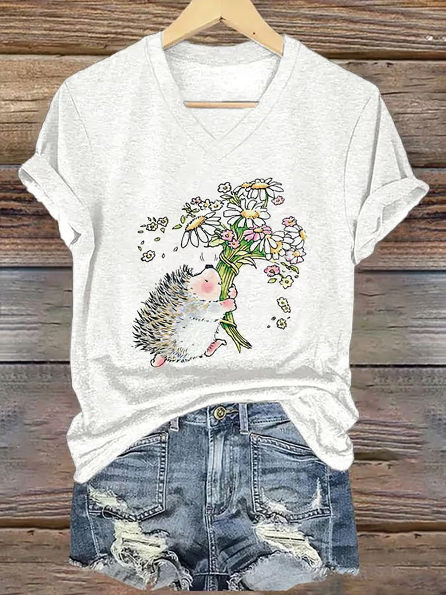 Damen süßes Igel-Print Kurzarm-T-Shirt