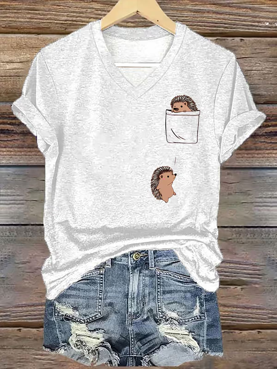 Damen süßes Igel-Print Kurzarm-T-Shirt
