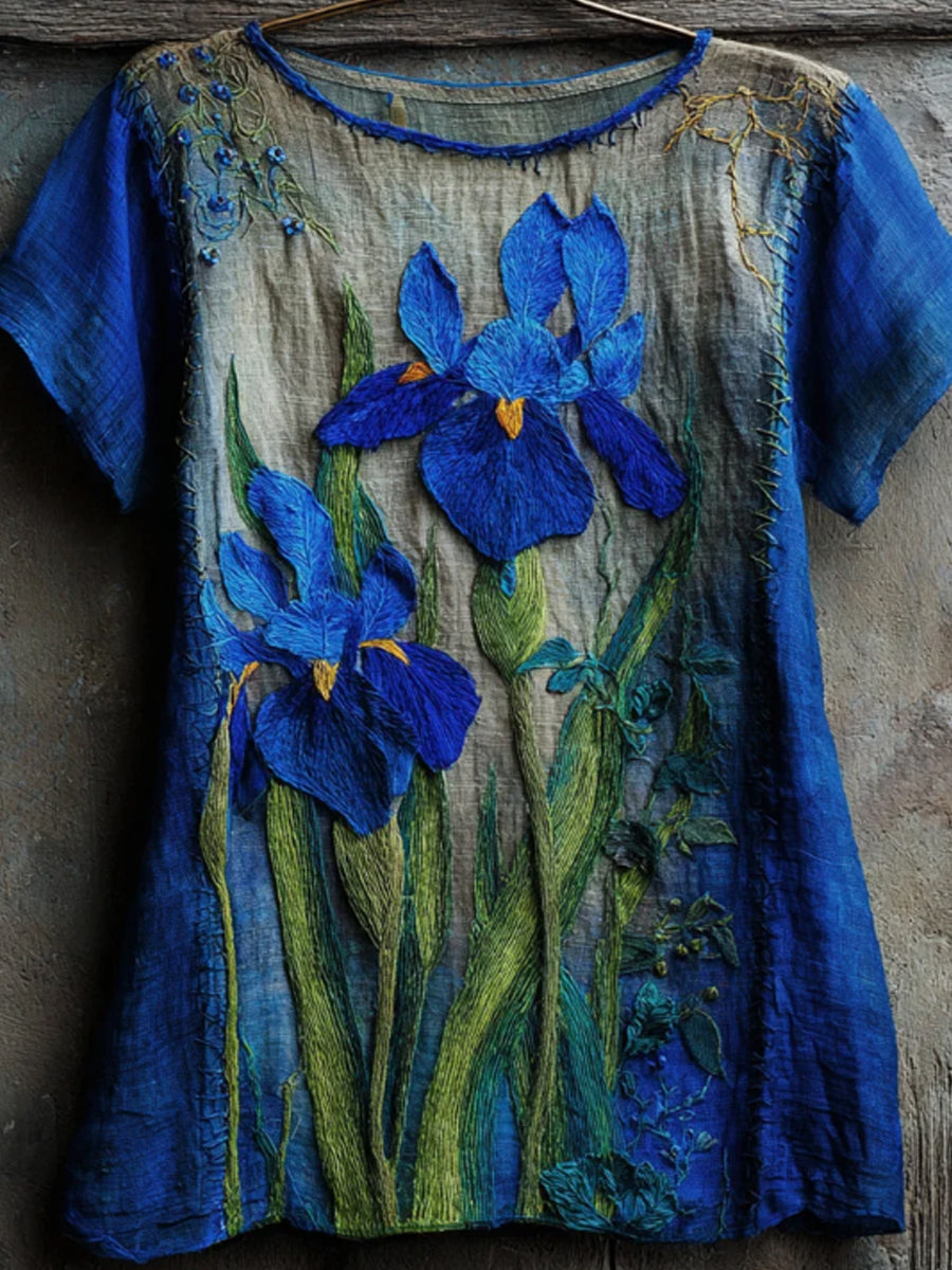 Damen Vintage Iris Besticktes Kontrast Leinen hemd