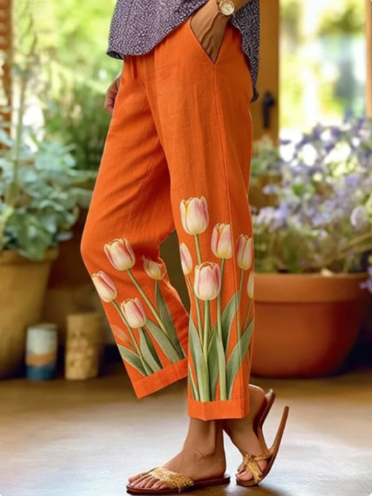 Damen-Baumwoll-und Leinen hose mit Blumen druck