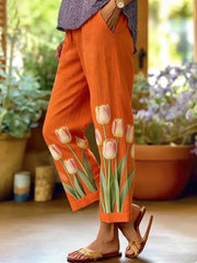 Damen-Baumwoll-und Leinen hose mit Blumen druck