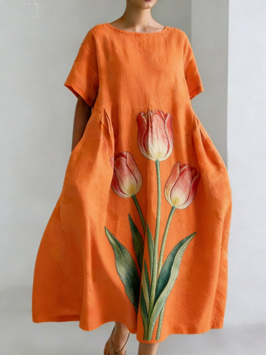 Damen-Kurzarm-Taschen kleider mit Blumen kunst druck