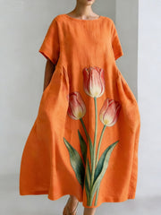Damen-Kurzarm-Taschen kleider mit Blumen kunst druck