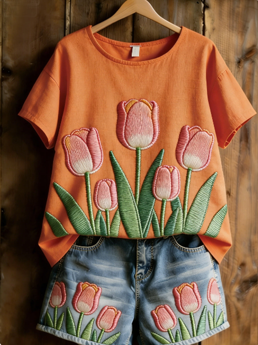 Damen-Blumen-Patchwork-Print-T-Shirt
