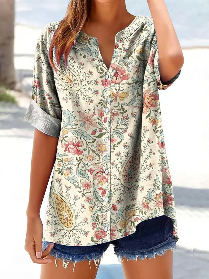 Damen-Retro-Blusenhemd mit Blumenmuster und Knöpfen