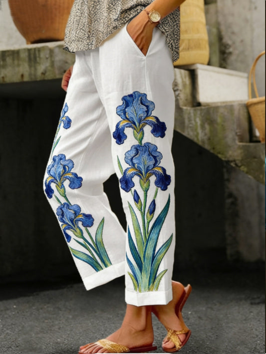 Damen-Ölgemälde inspirierte Iris-Stickerei fließende Leinen-Freizeit hosen