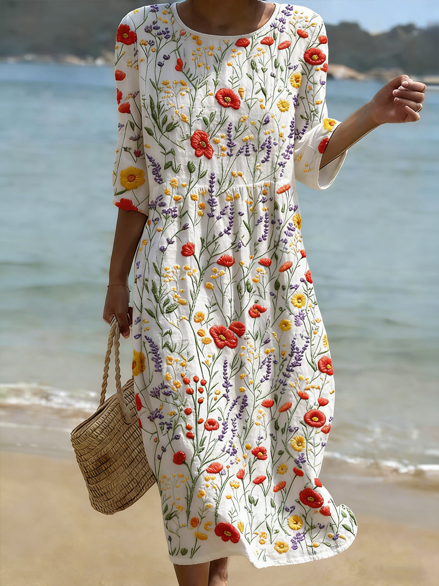 Damenkleid aus Leinenmischgewebe mit Rundhalsausschnitt und Pflanzen- und Blumenprint, mittellang
