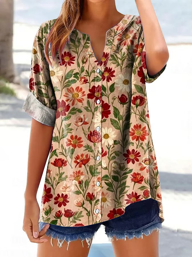 Damen-Retro-Blumen druck Button-Down-Shirt
