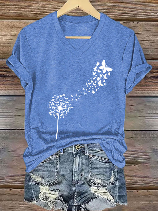 Damen-T-Shirt mit Pusteblume und Schmetterlingen, Kurzarm