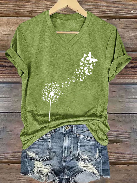 Damen-T-Shirt mit Pusteblume und Schmetterlingen, Kurzarm