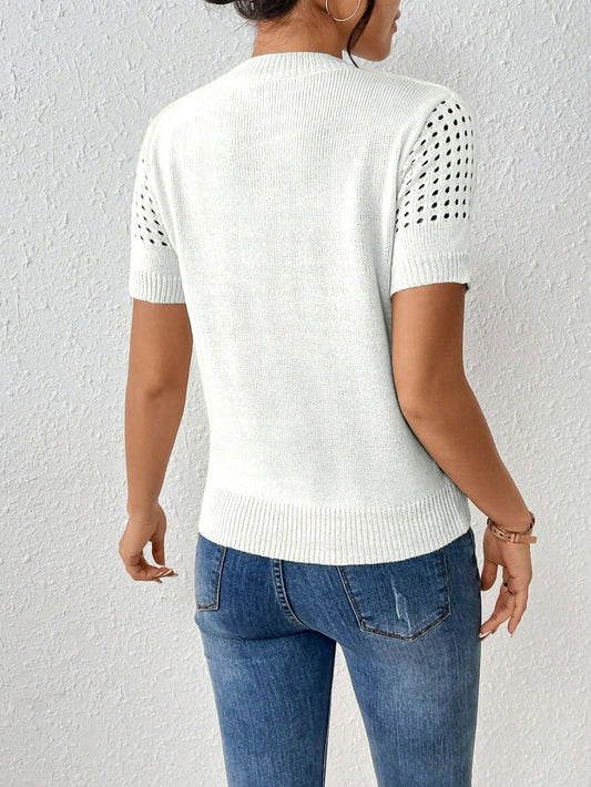 Damen-Stricktop mit Rundhalsausschnitt in Uni, kurze Ärmel