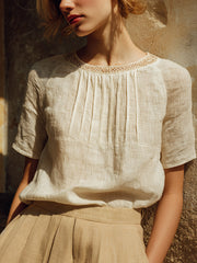 Elegantes Spitzen-Patchwork-Hemd für Damen aus Leinenmischgewebe