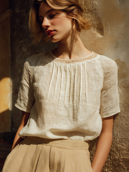 Elegantes Spitzen-Patchwork-Hemd für Damen aus Leinenmischgewebe