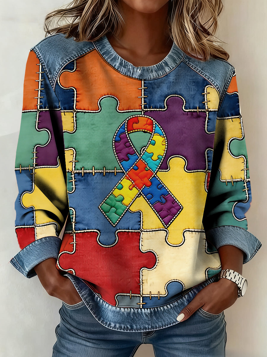 Frauen Autismus Bewusstsein Denim Patchwork Top