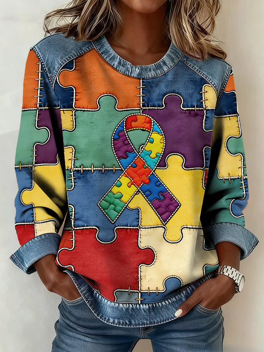 Frauen Autismus Bewusstsein Denim Patchwork Top