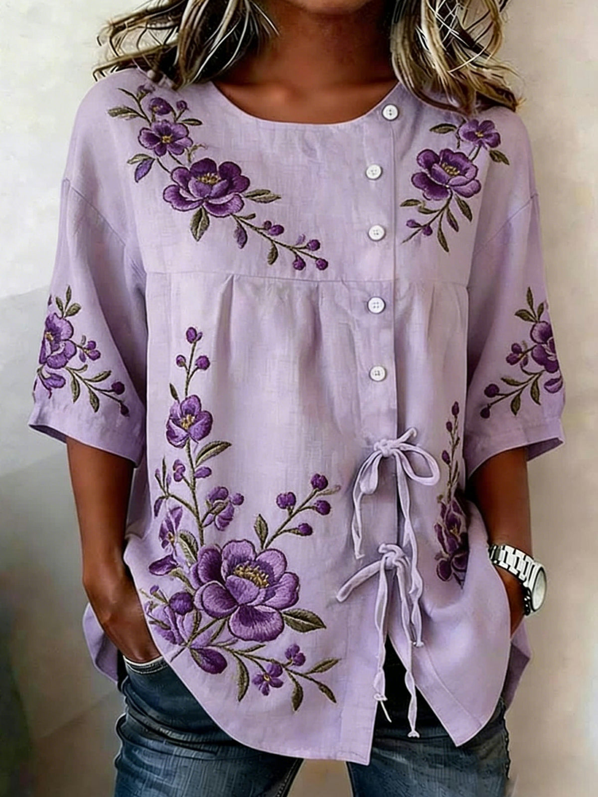 Damen-Hemd mit Blumen knöpfen aus Leinen mischung