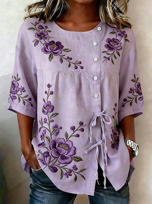 Damen-Hemd mit Blumen knöpfen aus Leinen mischung