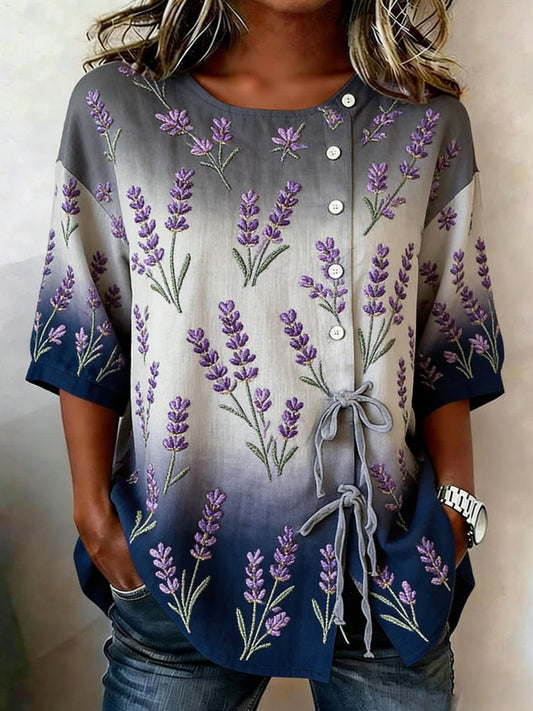 Damen-Hemd mit Blumen knöpfen aus Leinen mischung