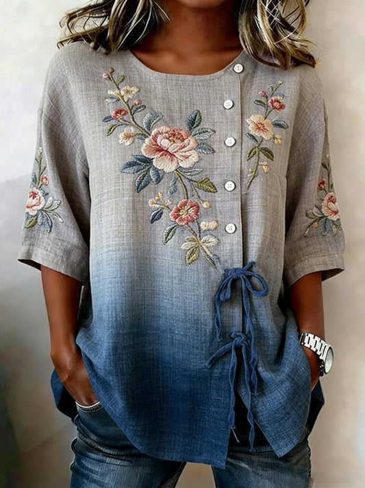 Damen-Hemd mit Blumen knöpfen aus Leinen mischung