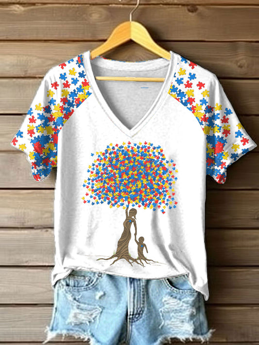 Kurzarm-T-Shirt mit V-Ausschnitt für Frauen Autismus, schulter frei