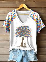 Kurzarm-T-Shirt mit V-Ausschnitt für Frauen Autismus, schulter frei