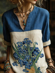 Damen-Olmalerei-inspiriertes, besticktes, fließendes Leinen-Casual-Shirt mit Irismotiv