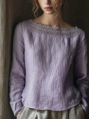 Elegantes Spitzen-Patchwork-Leinenhemd für Damen