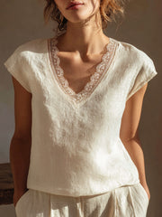 Elegantes Spitzen-Patchwork-Leinen hemd für Damen