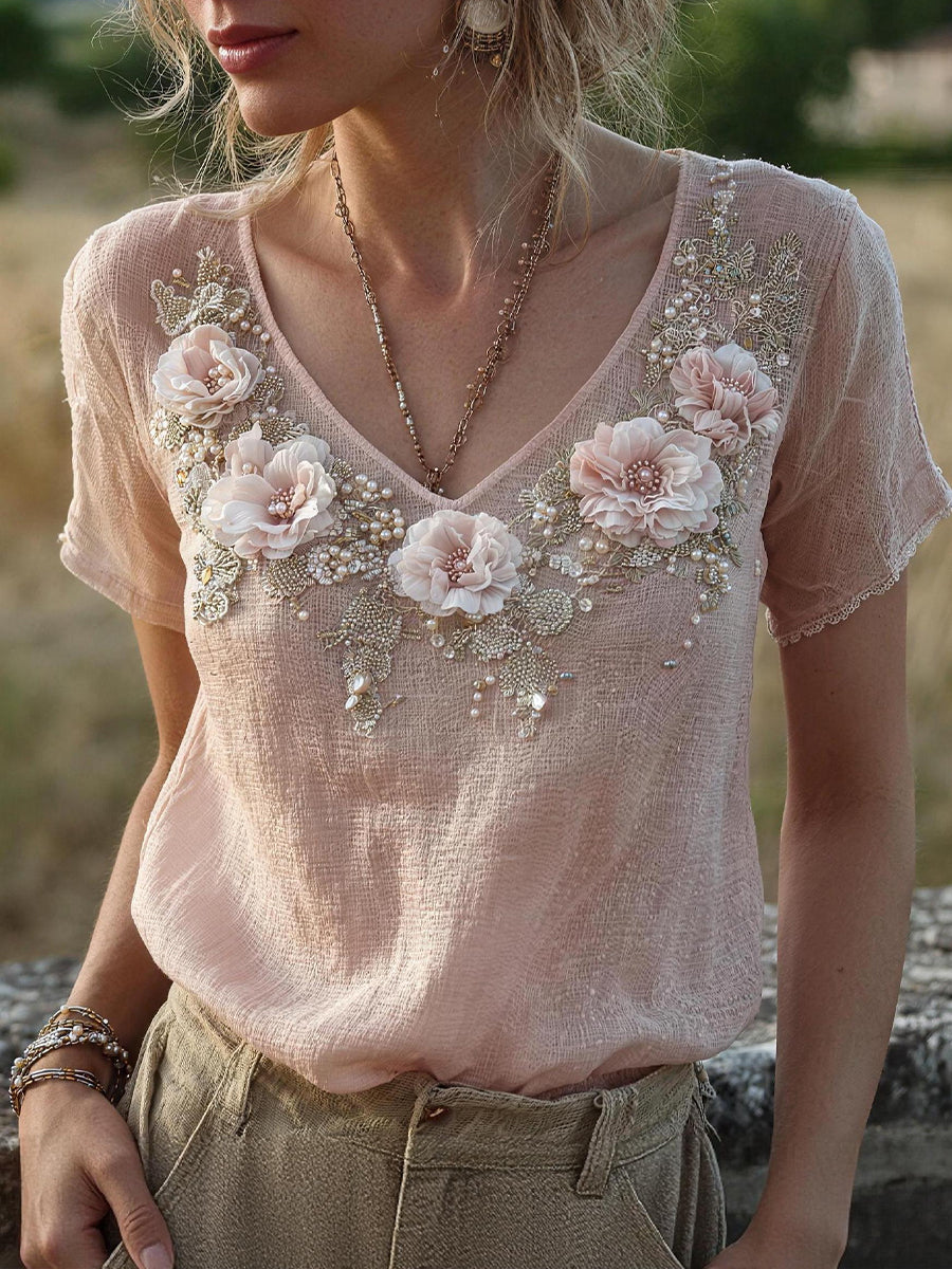 Frauen-Blumen-Stickerei-Muster Leinen-Mischung-Shirt
