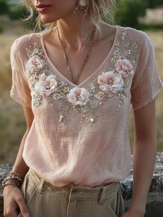 Frauen-Blumen-Stickerei-Muster Leinen-Mischung-Shirt
