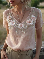 Frauen-Blumen-Stickerei-Muster Leinen-Mischung-Shirt