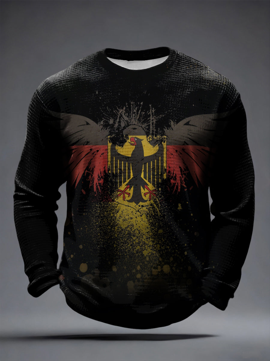 Herren-T-Shirt mit Deutschem Adler-Print, Waffelstruktur und langen Ärmeln