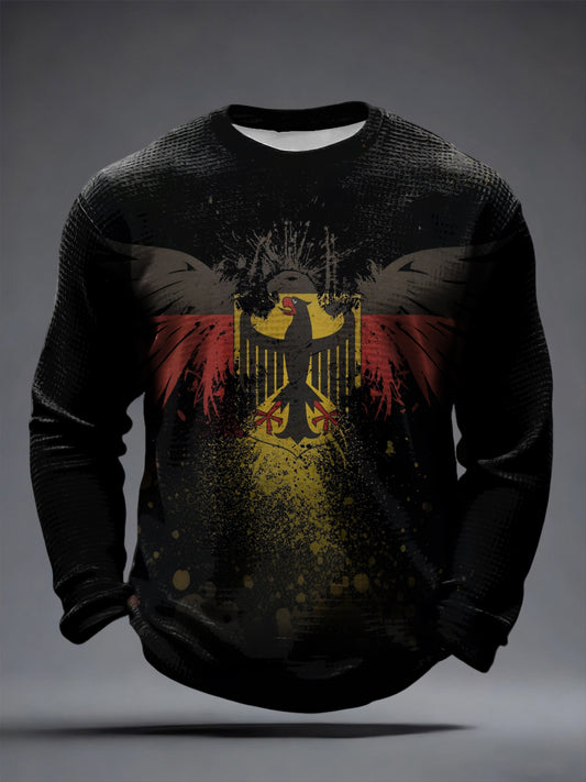 Herren-T-Shirt mit Deutschem Adler-Print, Waffelstruktur und langen Ärmeln