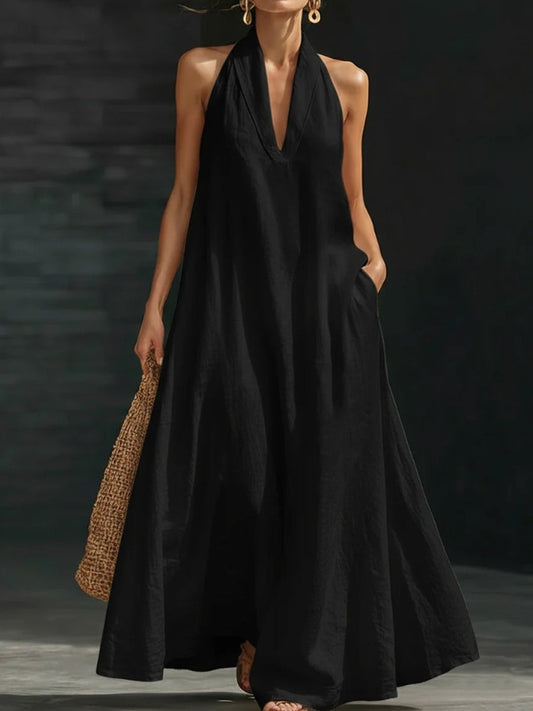 Damen einfarbiges Baumwoll-Leinen kleid mit V-Ausschnitt