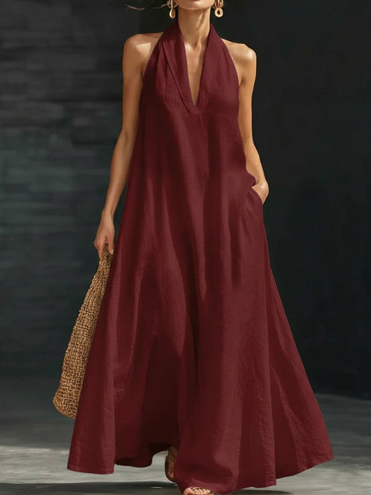 Damen einfarbiges Baumwoll-Leinen kleid mit V-Ausschnitt