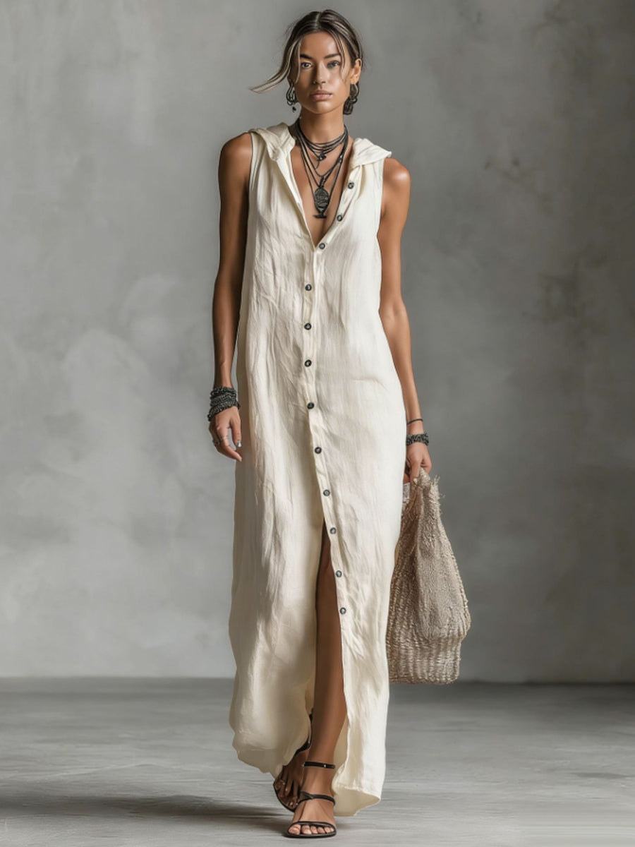 Damen lässiges, lockeres, ärmelloses einreihiges, einreihiges Kapuzen kleid aus Baumwolle