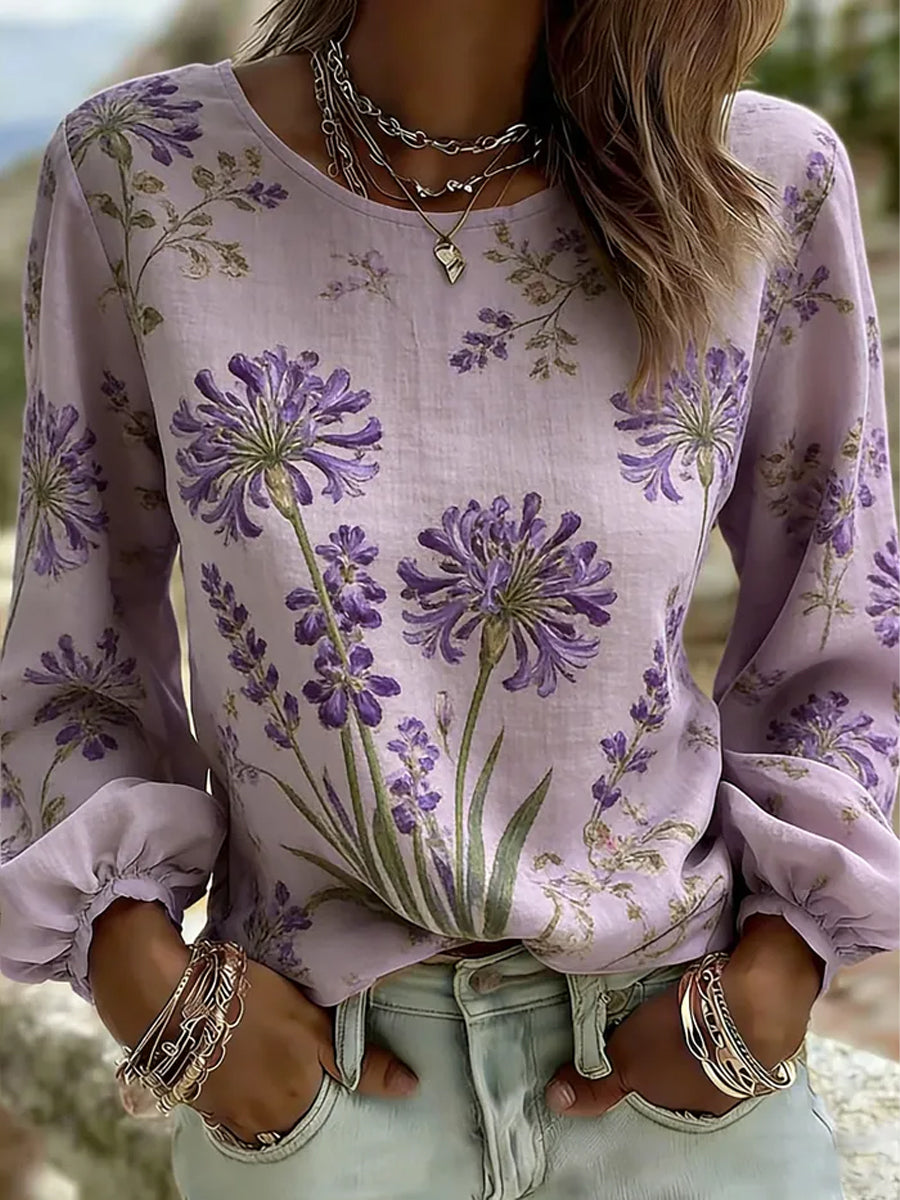 Damen lila Flora-Art-Print lässiges T-Shirt